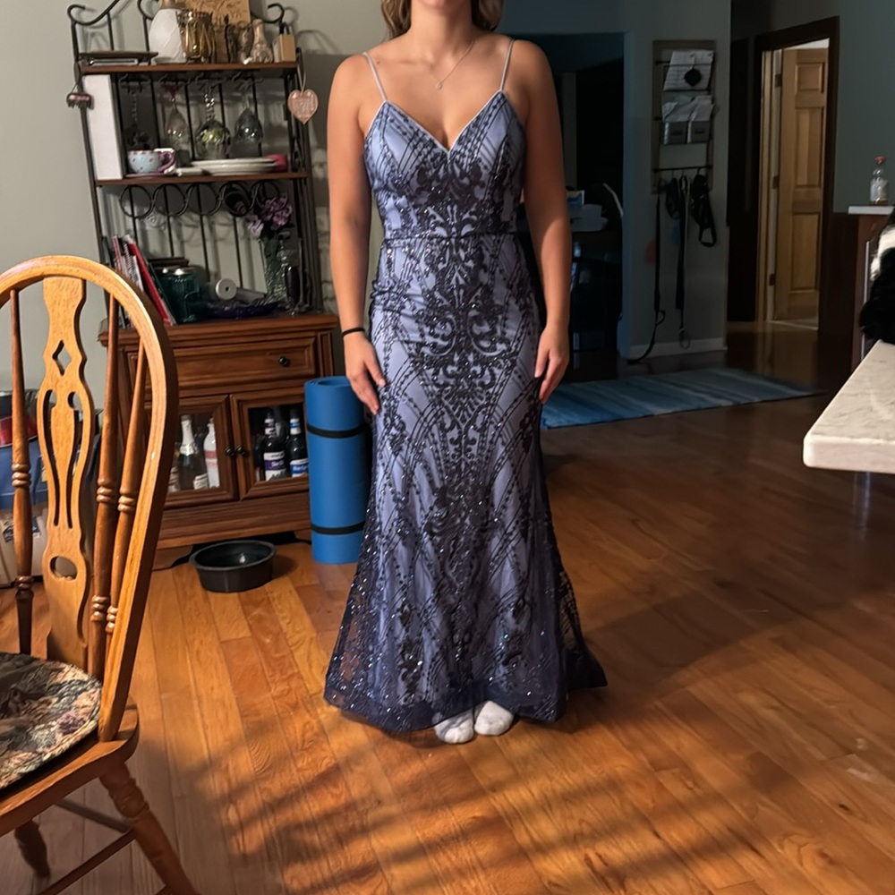 periwinkle prom dress with dark blue overlay.  size 6 petite and never been worn